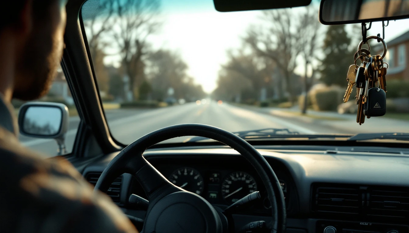 Vista desde el asiento del conductor de un carro viejo en una calle suburbana con un llavero pesado lleno de llaves