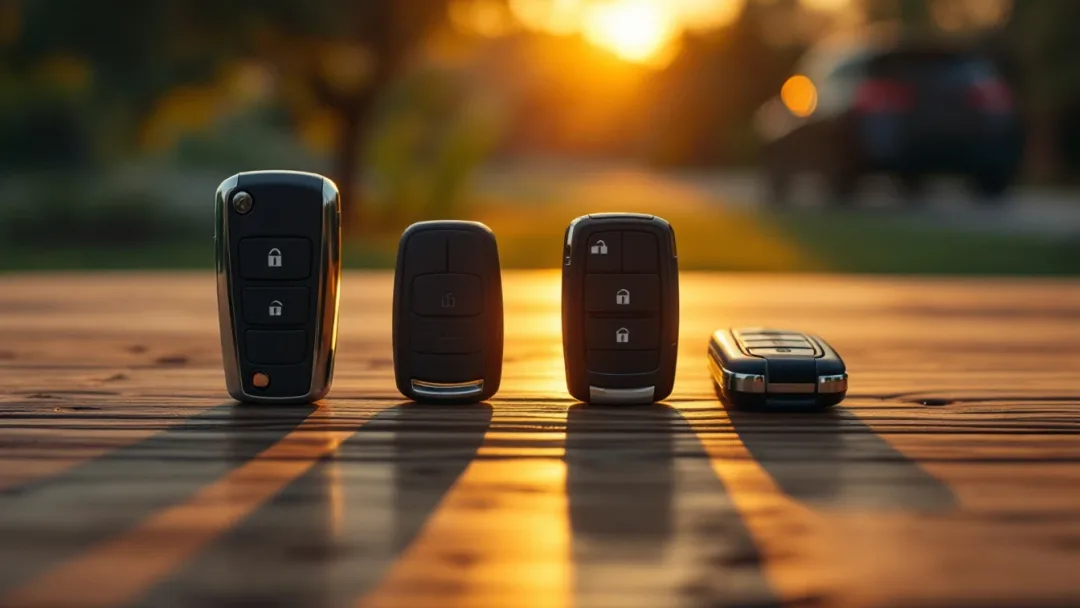 Cuatro tipos de llaves de carro alineadas sobre una mesa: básica, con chip, flip key y smart key, en Mansfield, Texas