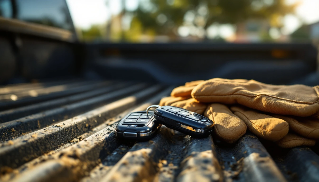 Llave FOBIK y smart key de proximidad de Ram junto a una troca pickup estacionada en una obra en Mansfield, Texas