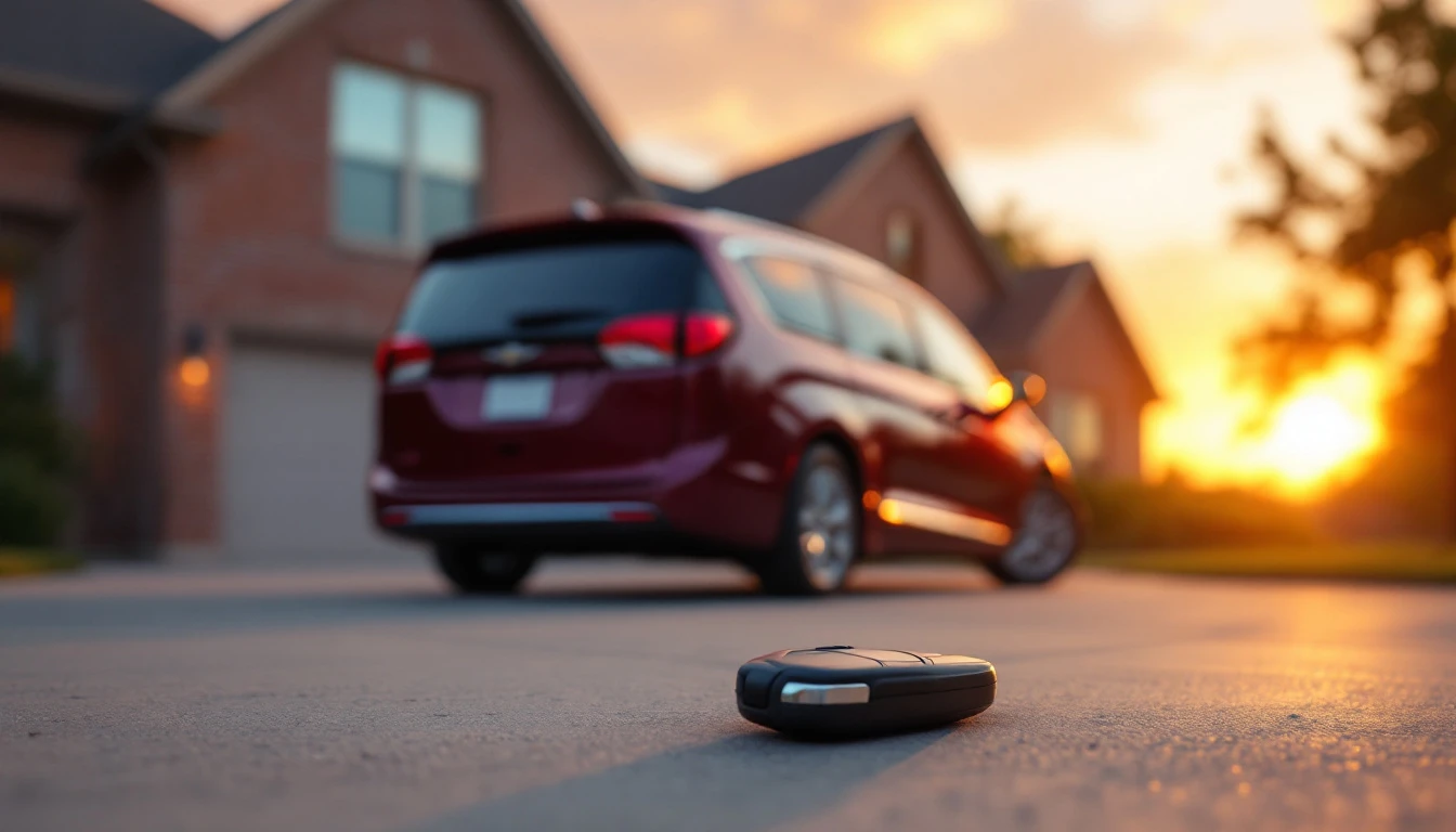 Minivan familiar color vino estacionada en la entrada de una casa de ladrillo al atardecer con una llave tipo fob en el piso