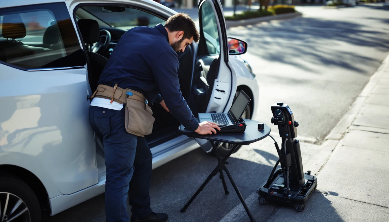 Cerrajero móvil trabajando con máquina de corte y laptop junto a un carro compacto en un estacionamiento de Mansfield TX