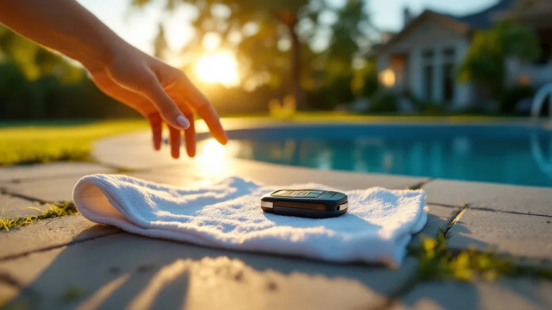 Un key fob de carro sobre una toalla junto a una piscina en un patio de Mansfield en un día de verano