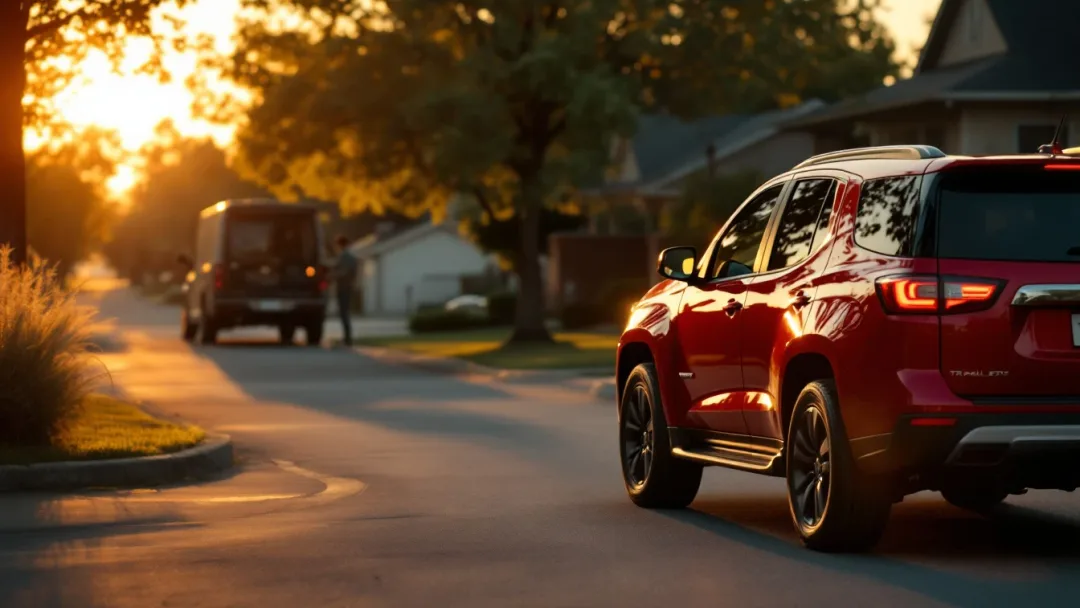 Chevrolet Trailblazer roja estacionada en una calle de Mansfield Texas mientras un cerrajero móvil corta y programa una llave