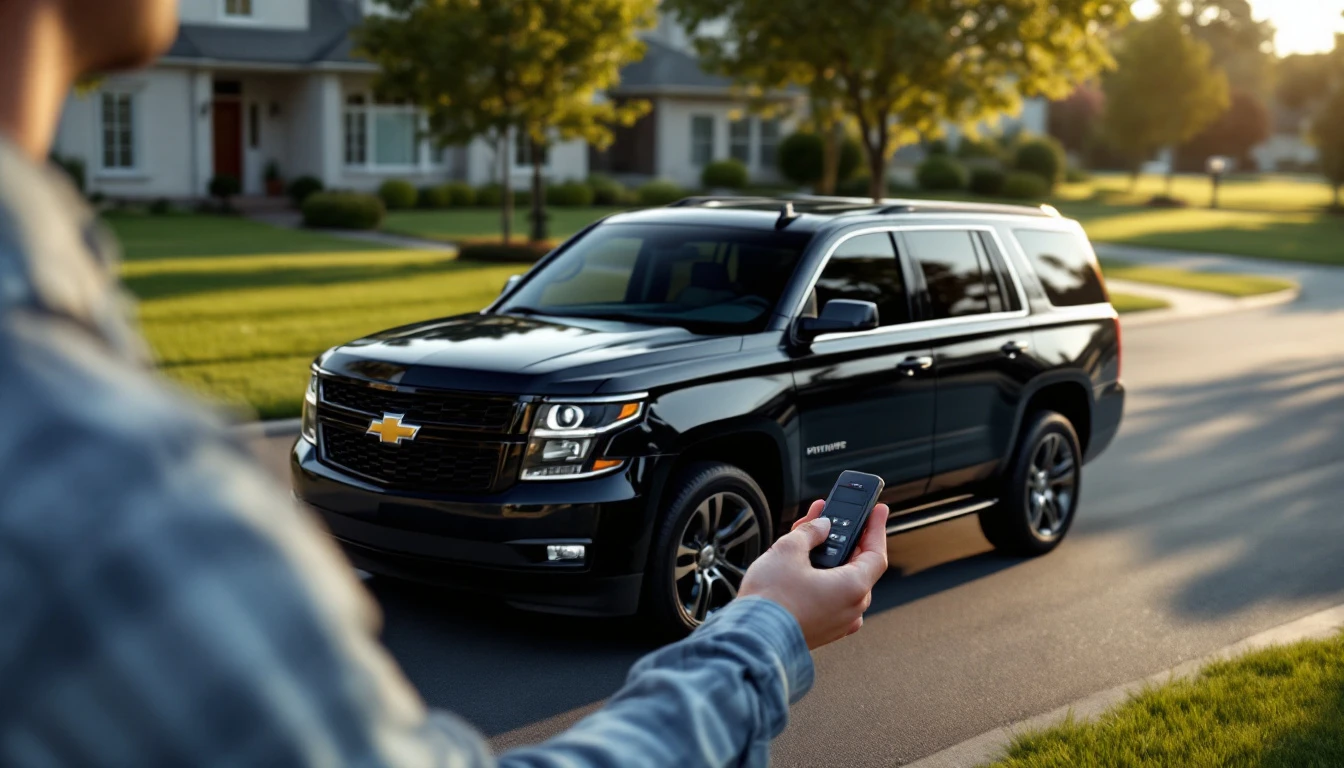 Técnico programando un key fob junto a una Chevrolet Tahoe negra en una entrada de Mansfield TX