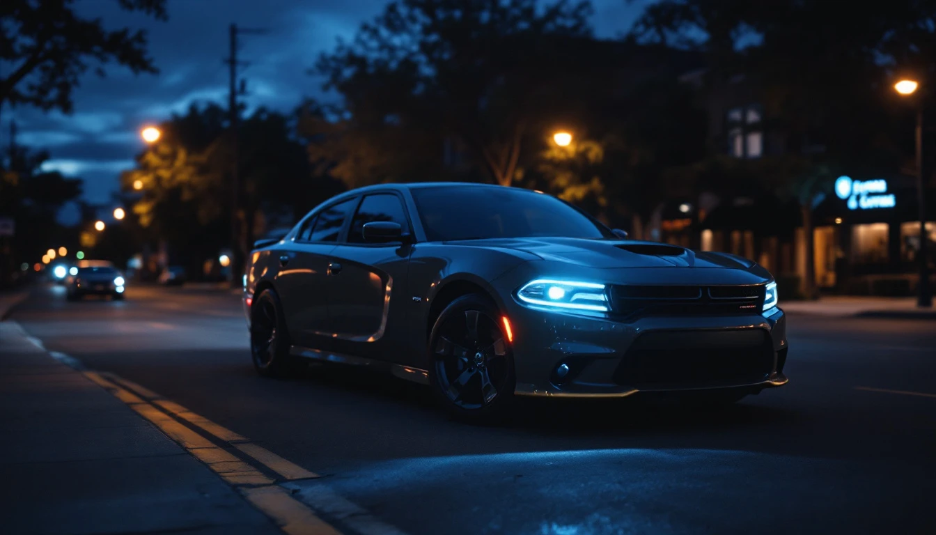 Mano sosteniendo un fob de Dodge junto a un Dodge Charger gris oscuro en una calle nocturna de Mansfield TX