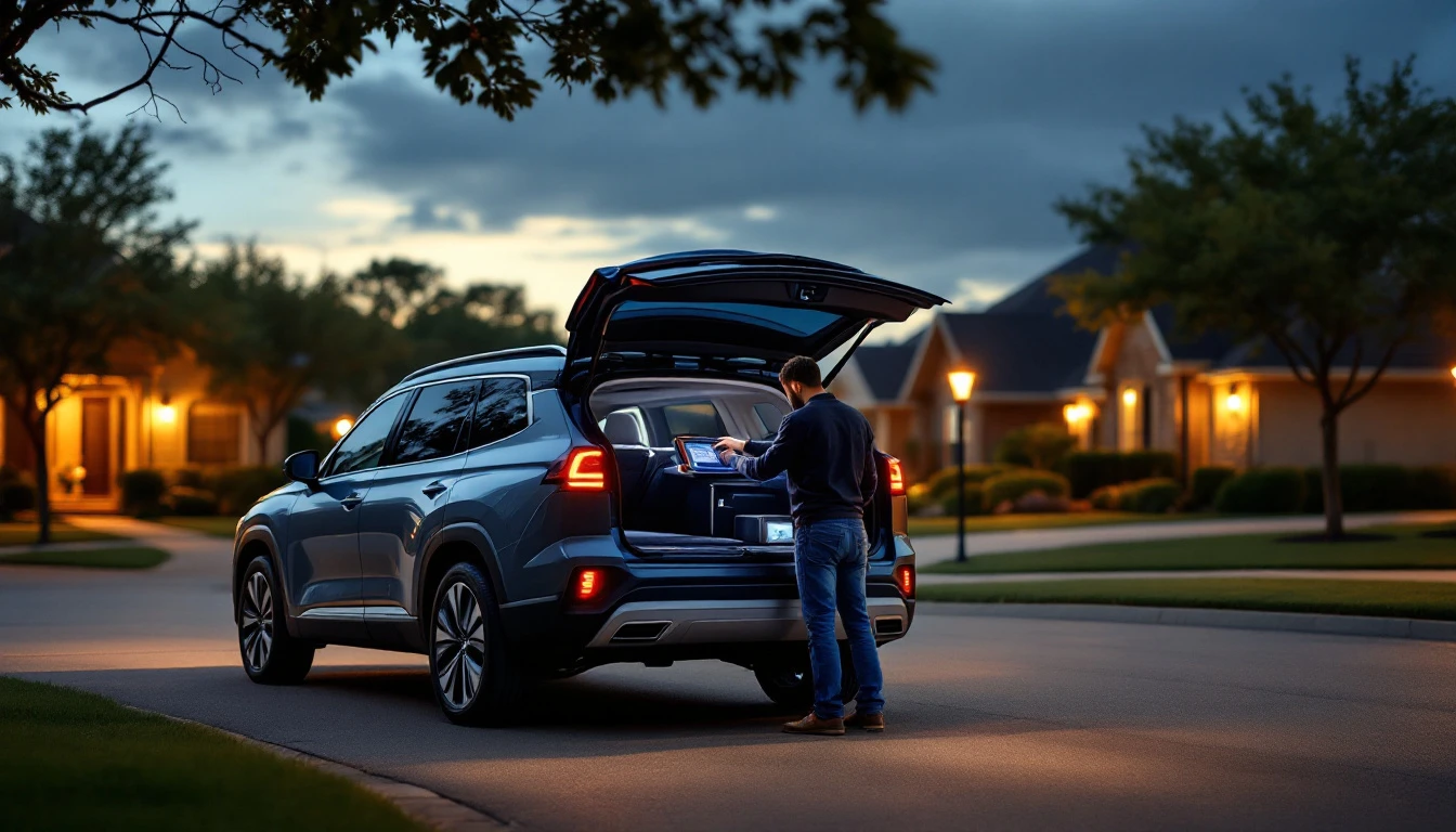 Cerrajero cortando una llave junto a un Hyundai Palisade gris al atardecer en Mansfield TX