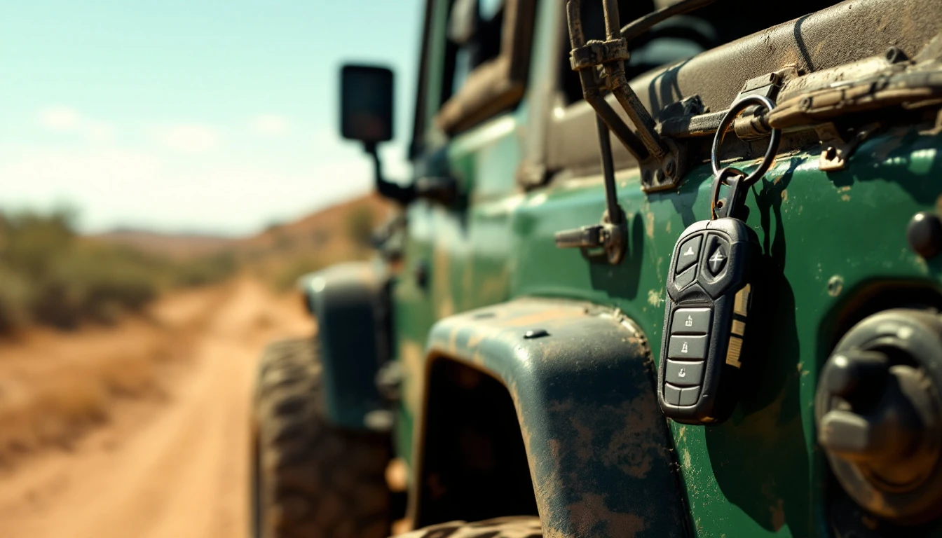 Mano con un fob resistente de Jeep junto a un Jeep Wrangler verde sin toldo en un camino de Texas