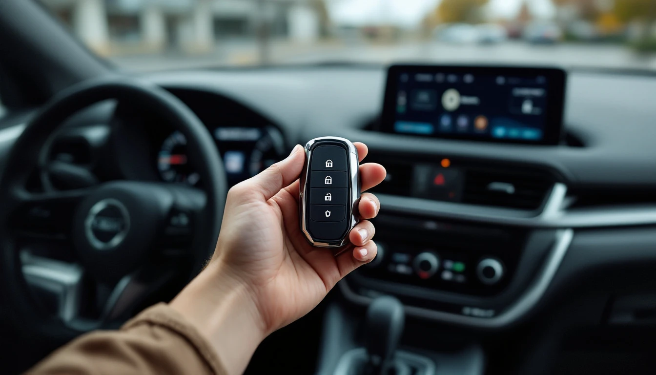 Intelligent Key de Nissan sobre la consola central de un Nissan Kicks blanco en Mansfield TX
