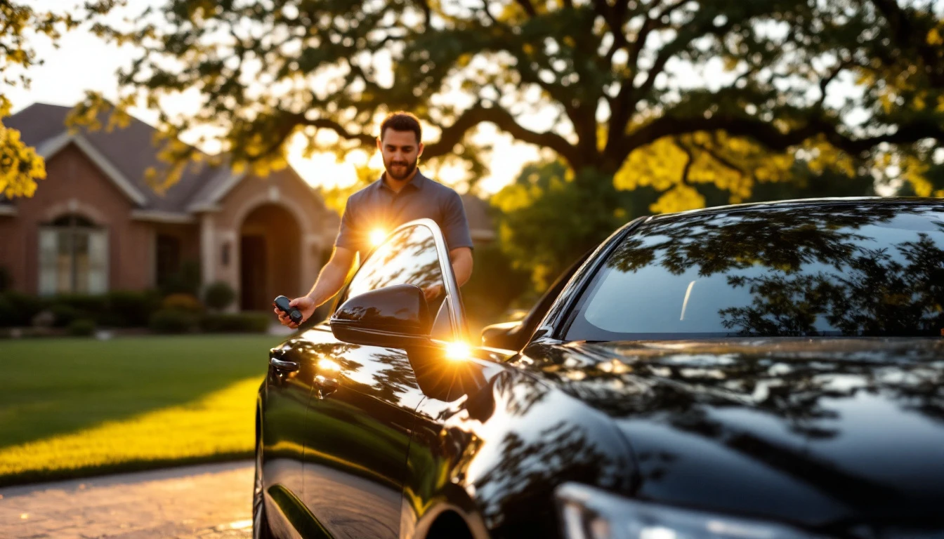 Cerrajero móvil programando una smart key de proximidad junto a un Chrysler 300 negro estacionado en una calle de Mansfield, Texas