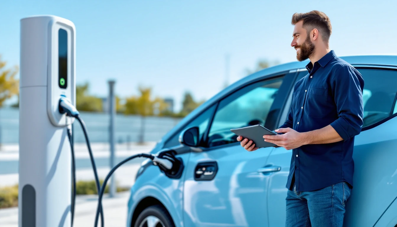 Cerrajero programando una llave junto a un carro electrico conectado a un cargador en un estacionamiento
