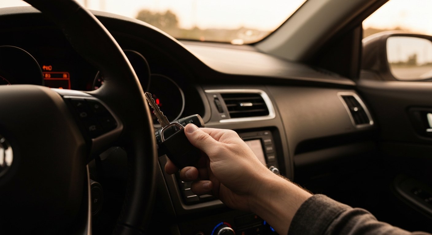 Cerrajero automotriz móvil programando una llave de carro junto a un vehículo en Mansfield, Texas