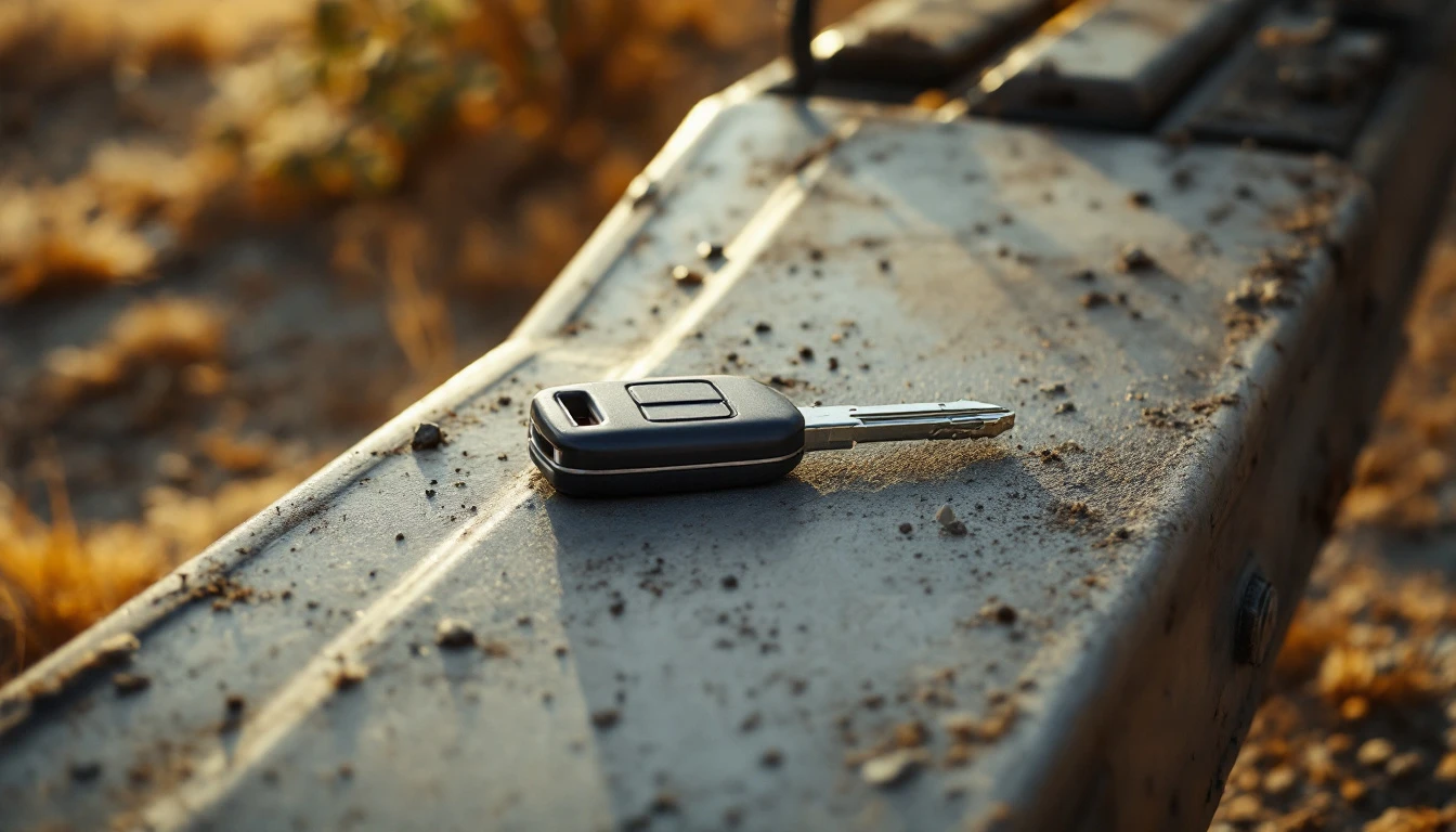 Llave de hoja con chip transponder de Toyota junto a una pickup Tacoma estacionada en un camino de terracería en Mansfield, Texas