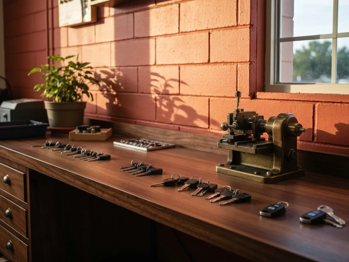 Taller del cerrajero hispano de Mansfield con banco de madera de nogal y máquina de cortar llaves